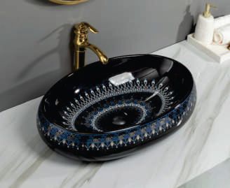Oval Leoo3 Ceramic Table Top Wash Basin, For Home, Hotel, Office, Restaurant, Size : Goox400x155mm