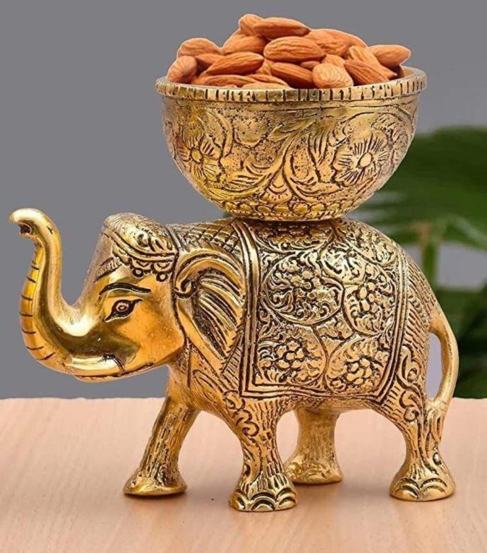 Gold Plated Brass Elephant With Bowl On It