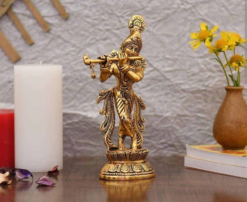 Yellow Non Printed Brass Gold Plated Krishna Statue, For Shop, Office, Home, Garden, Size : One Feet