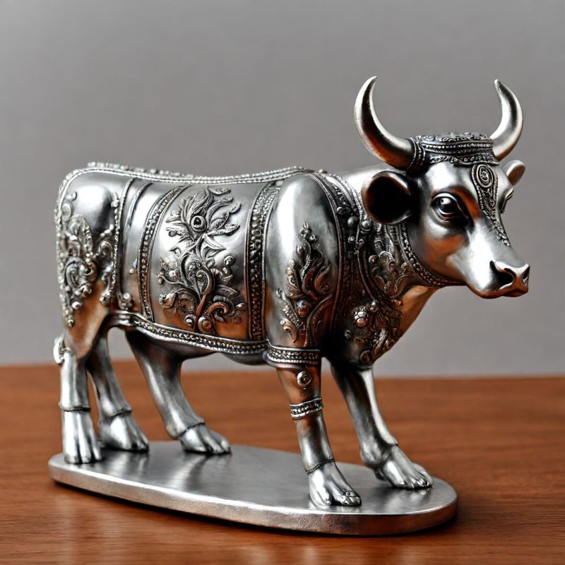 Indian Handcrafted Silver Plated Kamdhenu Cow, for Home, Hotel, Office, Shop, Style : Antique