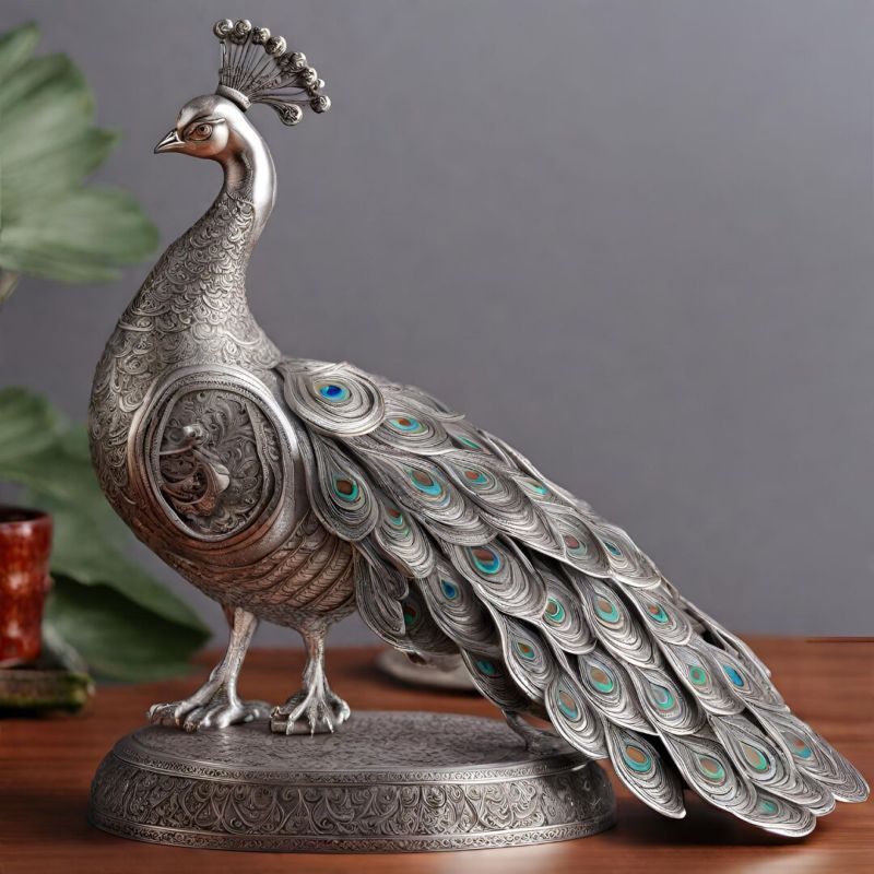 Silver Handcrafted Peacock with seagreen feathers, Packaging Type : Wooden Box