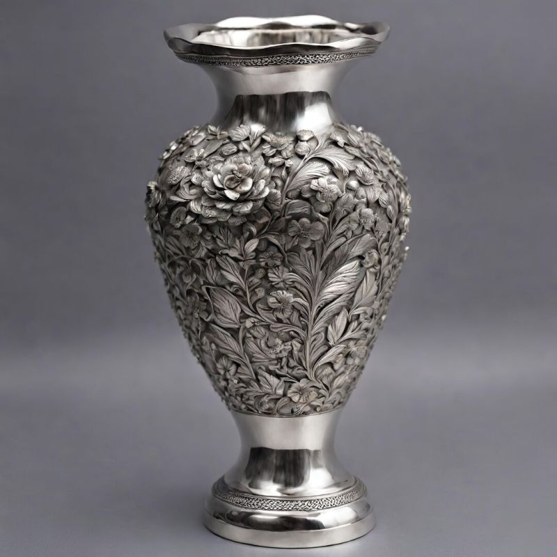 Silver Vase with Floral Carving intricate design