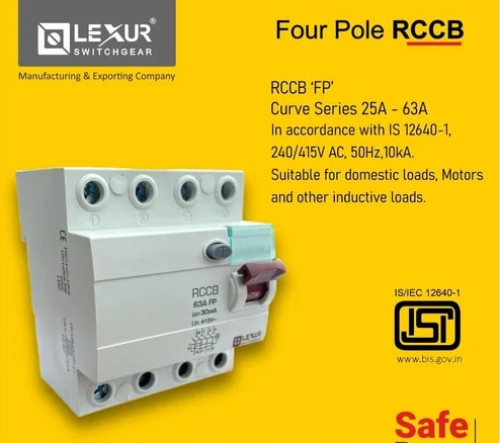 Lexur 50Hz Four Pole RCCB Switch, Certification : ISI Certified