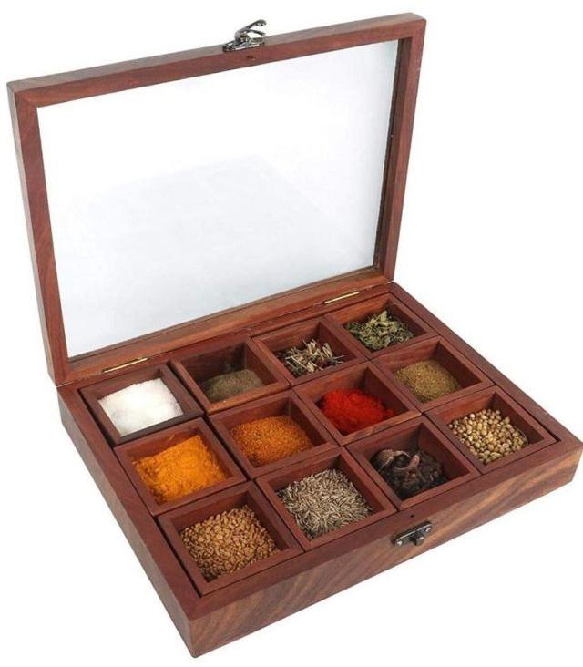 Rectangular 12 Compartment Wooden Spice Box, Color : Brown