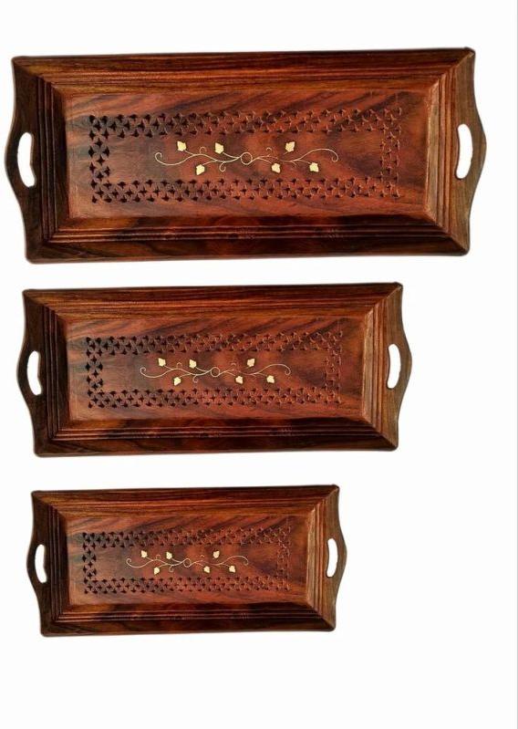 Brown Rectengular Polished Printed Wooden Coffee Tray Set, for Homes, Restaurants, Size : Multisizes