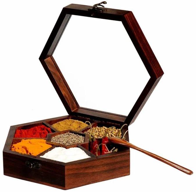 Wooden Hexagonal Spice Box