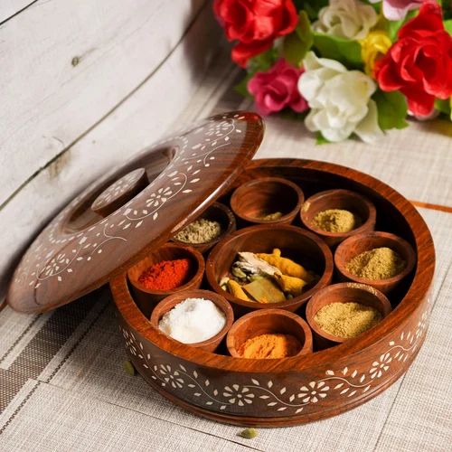 Brown Polished Wooden Round Spice Box, for Home, Hotel, Office, Size : Multisizes