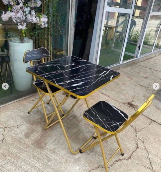 Black Marble 2-Seat Table & Chair Set For Cafe