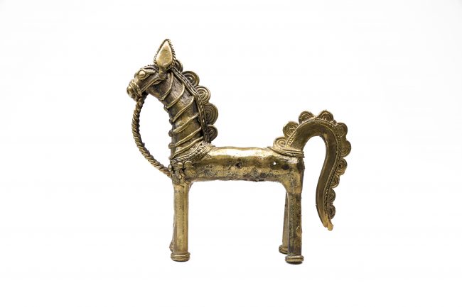 Golden Brass Dhokra Art Standing Horse, for Decorative, Packaging Type : Box