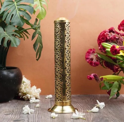 Polished Brass Carved Agarbatti Stand, Shape : Round