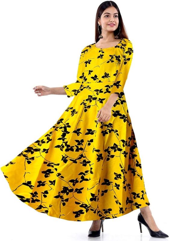 Multi Color Printed Silk Ladies Maxi Dress, Occasion : Party Wear