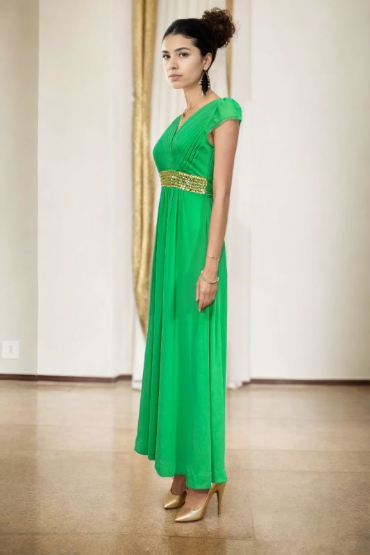 Enchanting Leaf Green Lycra Elegance Gown Rental For 4 Days