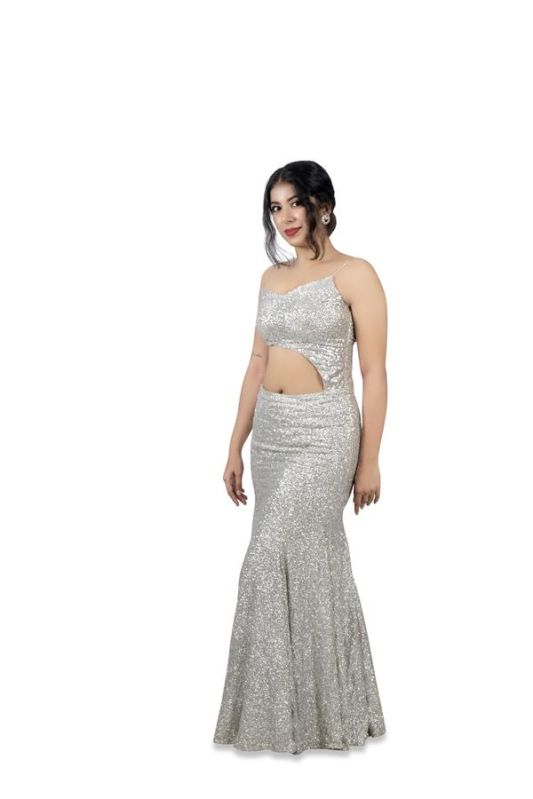 Celestial Silver Sequins Fishtail Elegance Gown For Rental