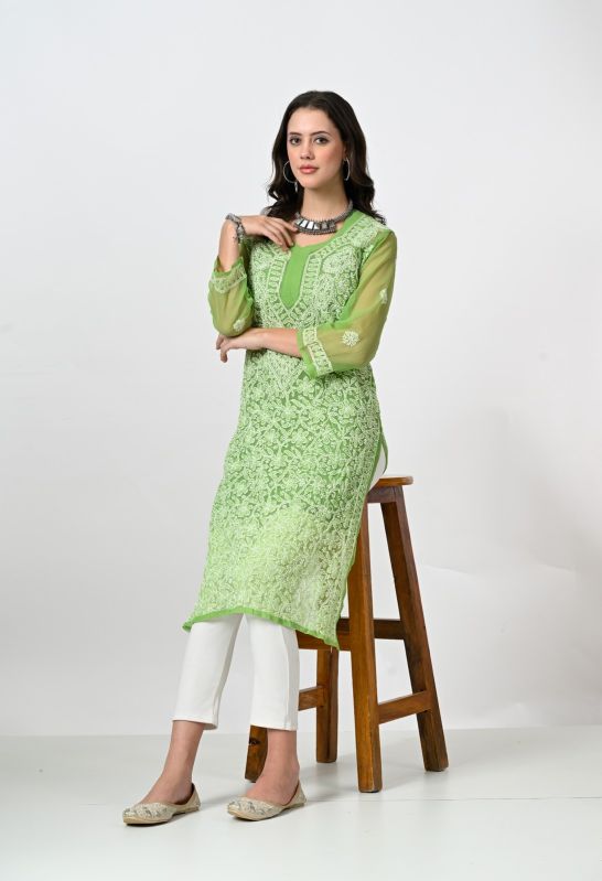 Embroidered Lucknowi Georgette Kurti, Size : S to XL