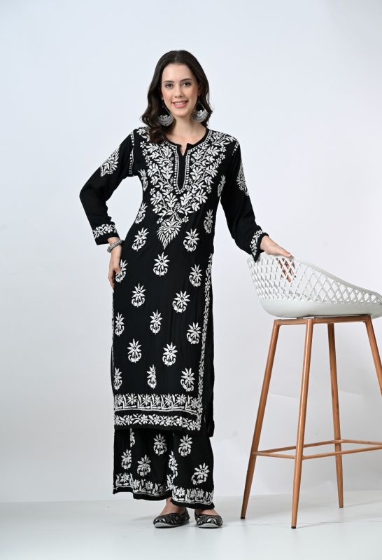 Regular Fit Full Sleeves Black Modal Kurta Palazzo Set, Occasion : Party Wear