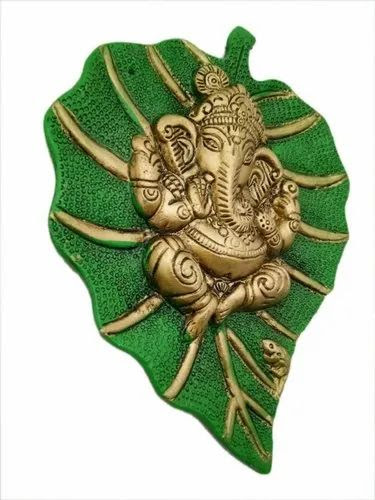 Golden Brass Green Patta Ganesh Statue, for Office, Home, Gifting
