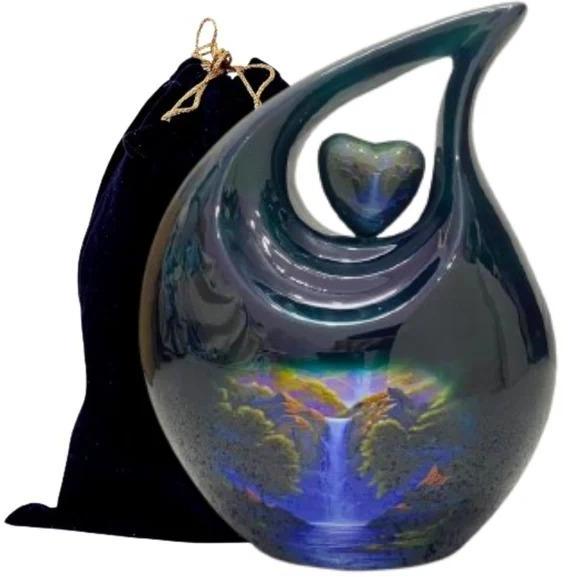 Blue Waterfall Teardrop Cremation Urn With Velvet Bag