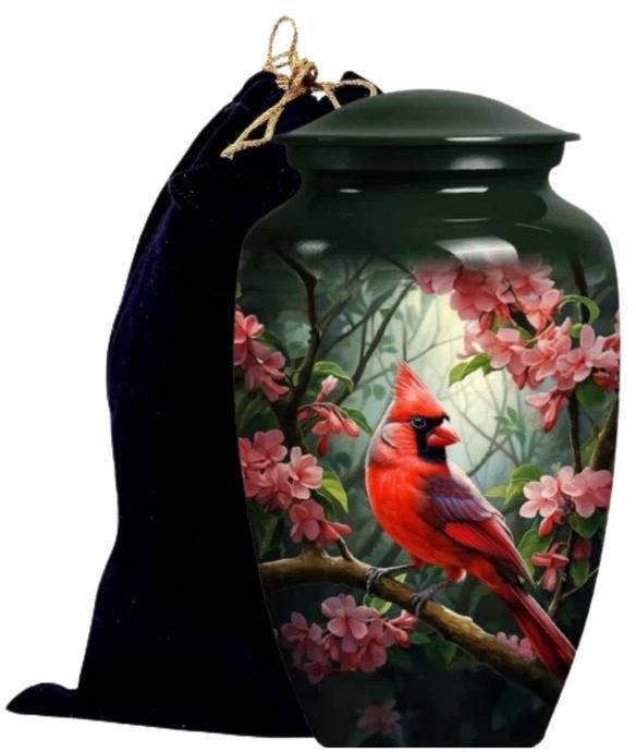 Cardinal Bird Design Cremation Urn With Velvet Bag
