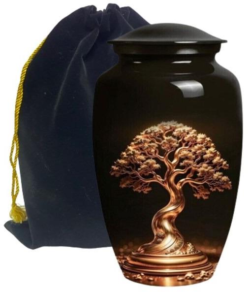 Handcrafted Golden Tree Design Cremation Urn with Velvet Bag