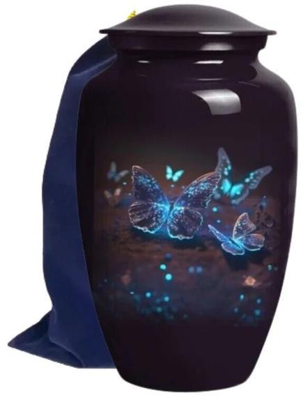 Memorial Blue Butterfly Design Cremation Urn With Velvet Bag