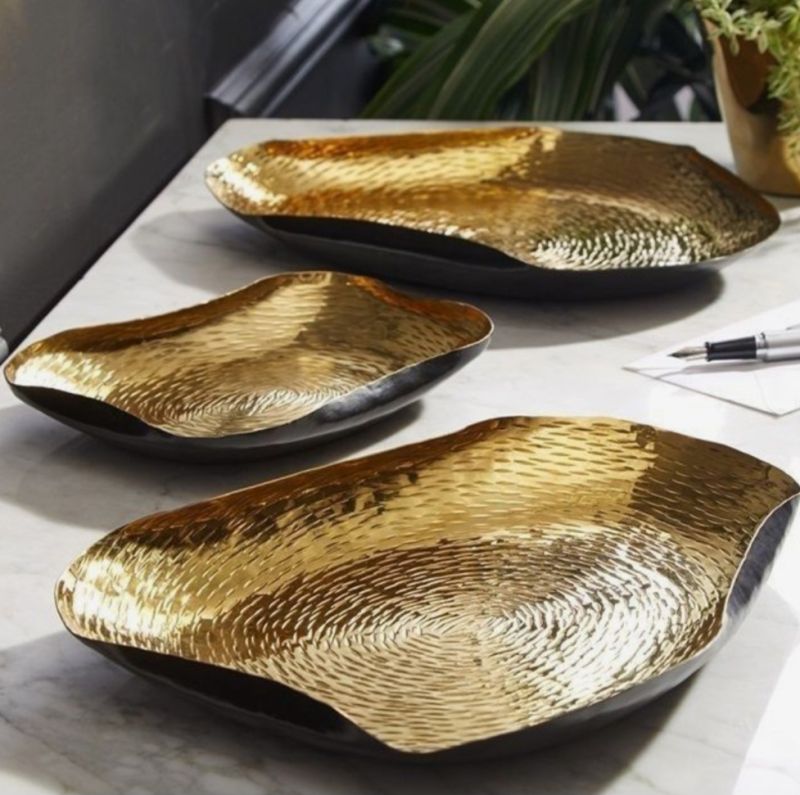 Gold with black Oval Coated Iron Bowls, for Table decor, Packaging Type : Standard