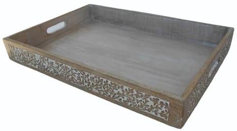 Brown Rectengular Carved Mango Wood Serving Tray, Size : 12x6 Inch