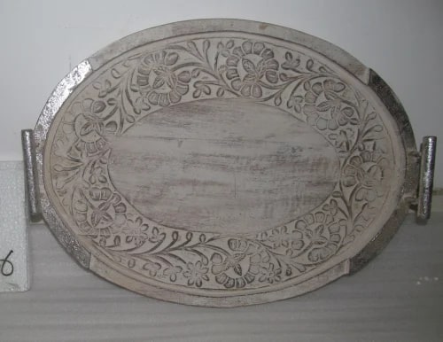 Grey Oval Polished Carved Wooden Serving Tray, Size : Standard