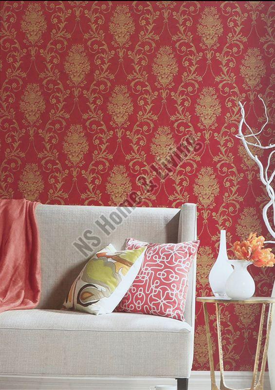 Red Floral Motif Printed Wallpaper, for Bedroom