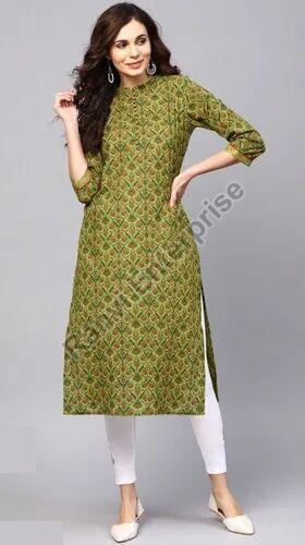 Cotton Mix Ladies Straight Printed Kurti, Fit Type : Regular Fit