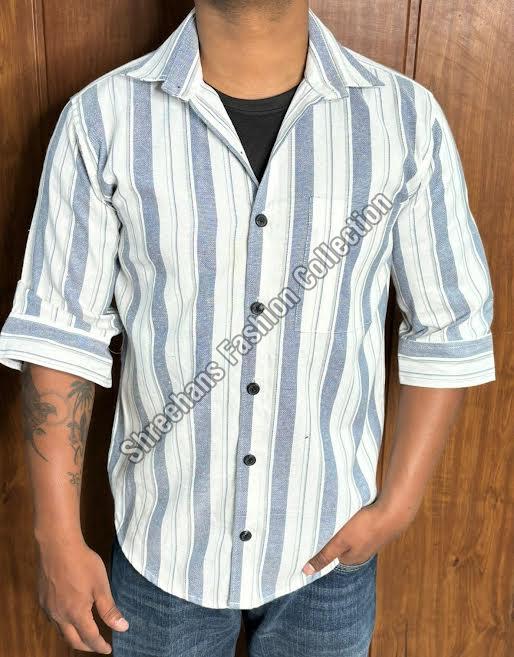 Mens Half Sleeve White & Blue Striped Shirt