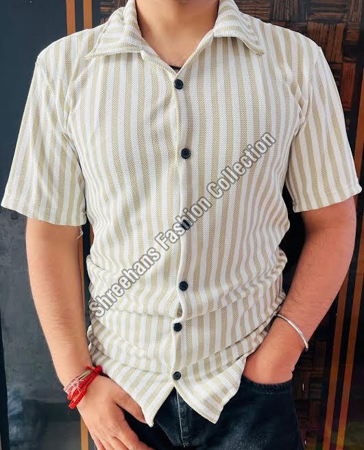 Mens Half Sleeve White & Yellow Striped Shirt