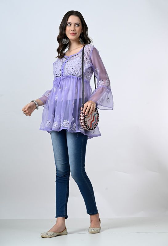 3/4th Sleeve Embroidered Blue Georgette Short Kurti, Technics : Machine Made