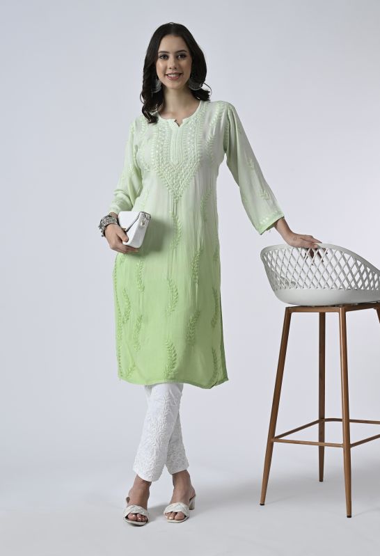 Embroidered Double Shaded Viscose Kurti, Sleeve Type : 3/4th Sleeve