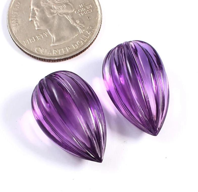 Carving Polished Gemstone Amethyst Almonds Shaped Earrings, Color : Purple
