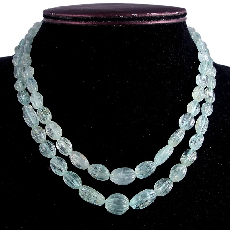 Aquamarine Carving Tumbled Gemstone Necklace, Technics : Machine Made