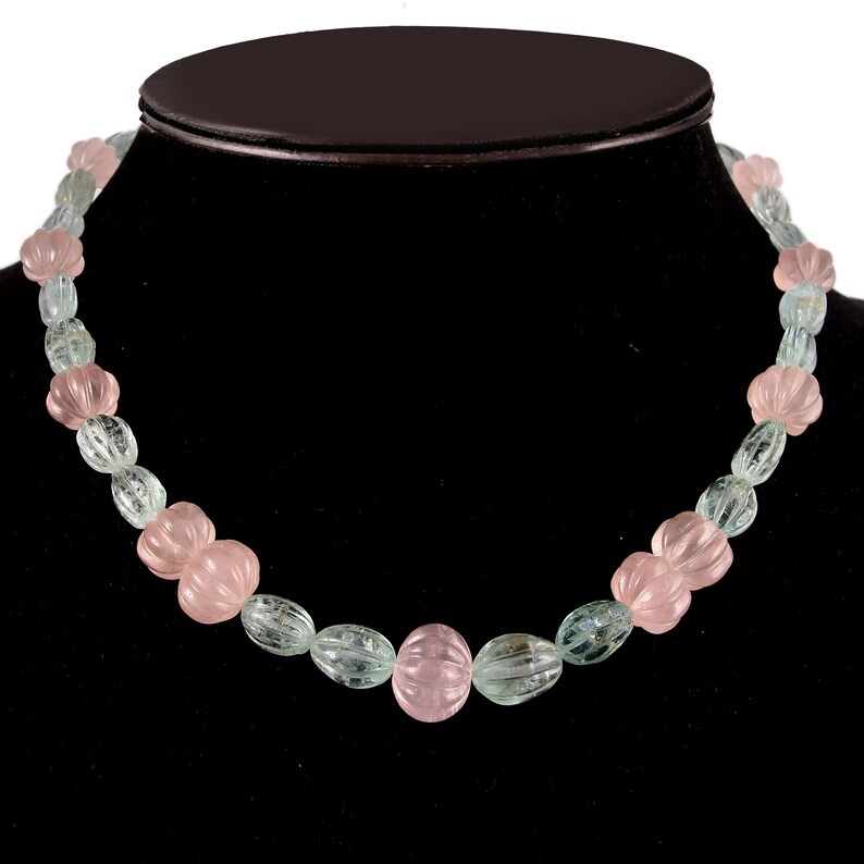 Natural Rose Quartz Aquamarine Carving Necklace