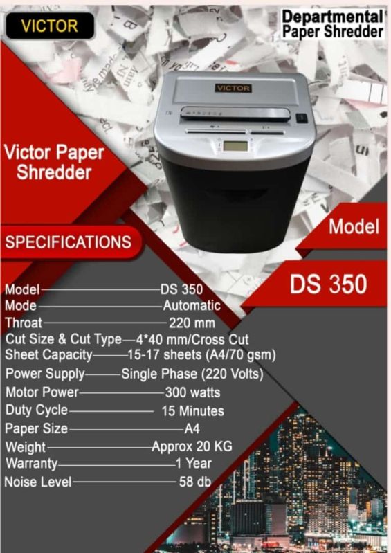 VICTOR CROSS CUT PAPER SHREDDING MACHINE MODEL DS 350