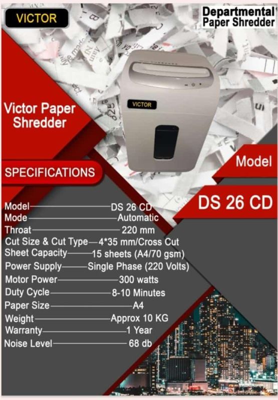 VICTOR DEPARTMENTAL PAPER SHREDDING MACHINE MODEL VICTOR DS 26 CD