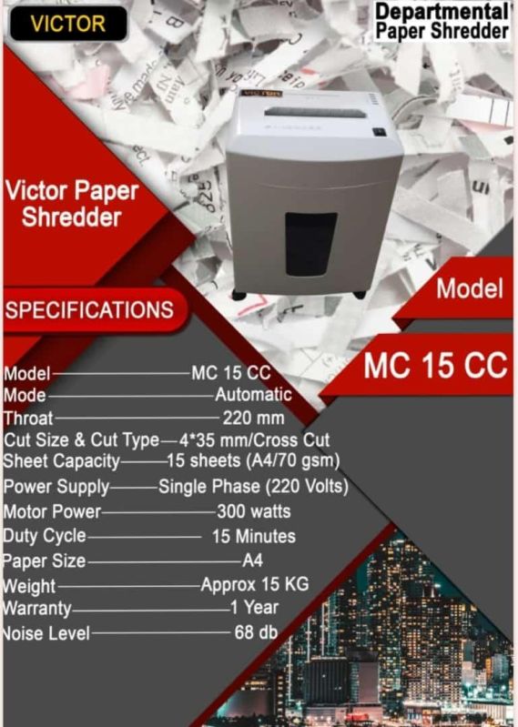 VICTOR MICRO CUT PAPER SHREDDING MACHINE MODEL VICTOR MC 15CC