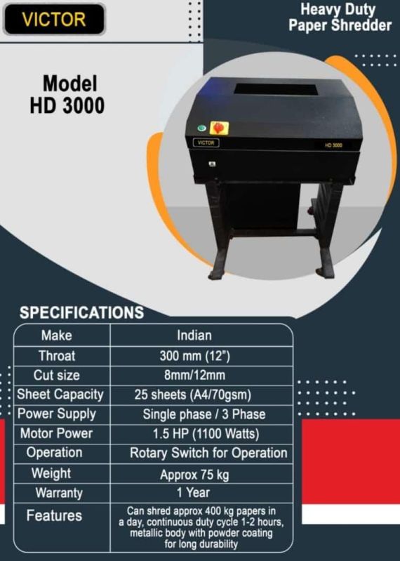 VICTOR PAPER SHREDDING MACHINE MODEL VICTOR HD 3000