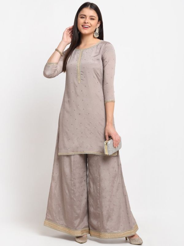 Shimmery Grey Short Kurti With Flared Palazzo