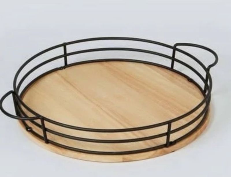 Wooden Tray With Metal Handle