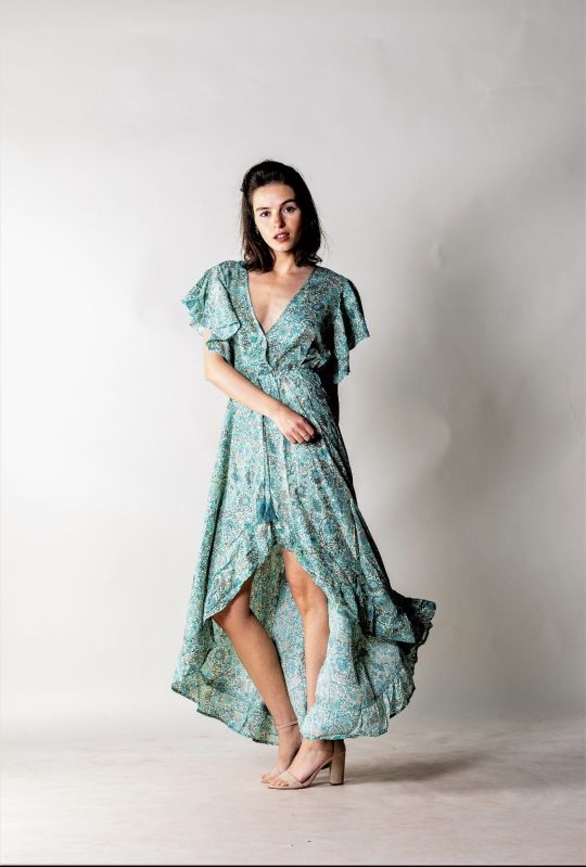 R.R Textiles V Neck Silk Boho Dress, Sleeve Style : Ruffle