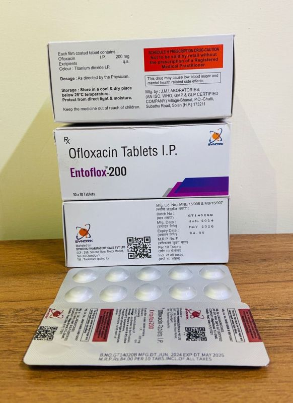 Ofloxacin 200mg Tablet Entoflox-200 Tab, Packaging Size : 10*10 Alu/alu
