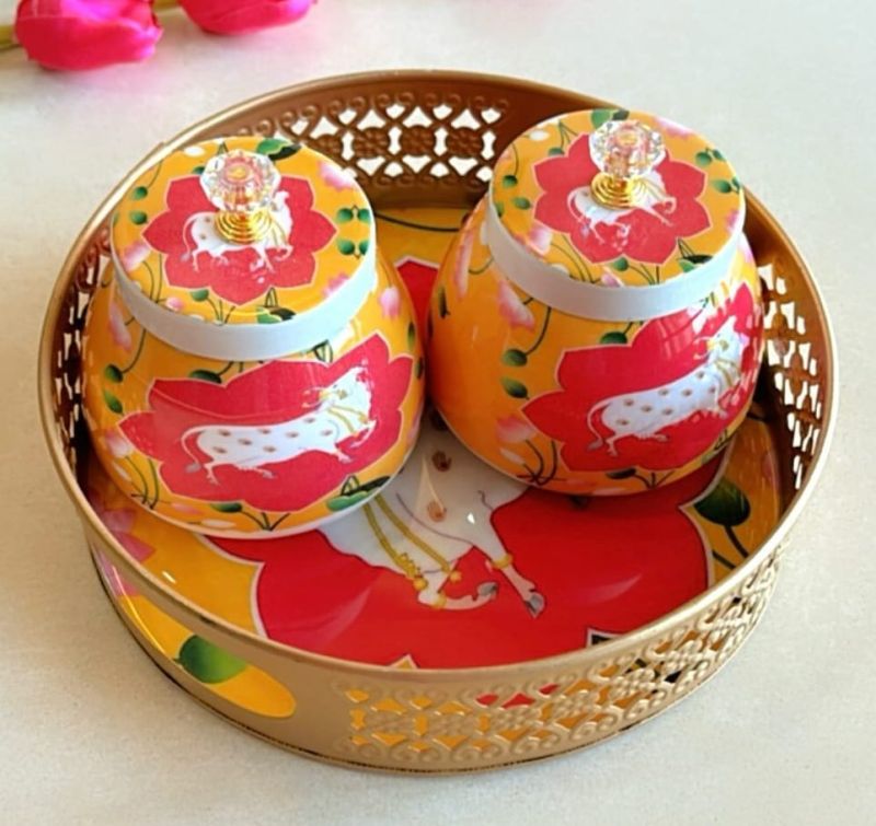 Cow printed pichwai tray and jars