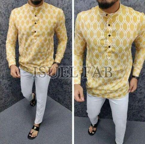 Mens Full Sleeves Yellow Short Kurta