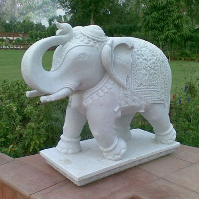 Plain Polished White Marble Elephant Statue for Interior Decor, Office, Home, Garden, Religious Purpose