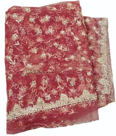 Red Georgette Bridal Embroidered Dupatta, Packaging Type : Plastic Packet