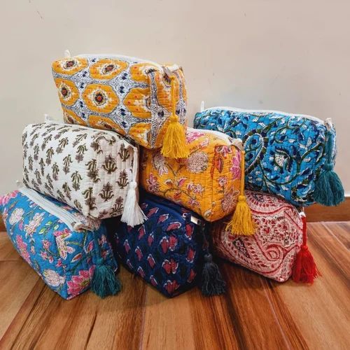 Multicolor Printed Cotton Pouch Bag, Closure Type : Zipper
