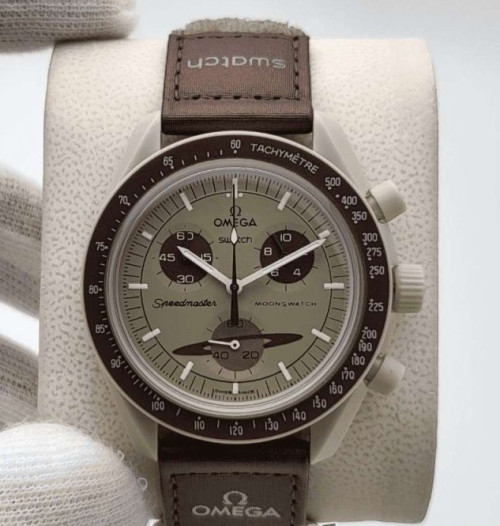 Omega Speedmaster Swatch Moonswatch Mission to Saturn Chronograph Brown Strap Watch